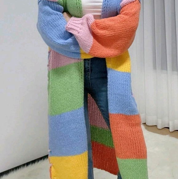 Casual Rainbow Color Block Faux Crocheted Knit Cardigan, Autumn/Winter - Picture 3 of 5